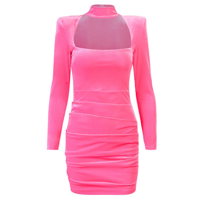 High Neck Hollow Out Square Neck Padded Shoulder Long Sleeve Dress Ruched Pencil Skirt For Women