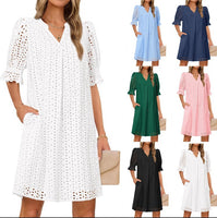SpringSummer V Neck Pleated Collar Hollow Out Floral Lace Dress