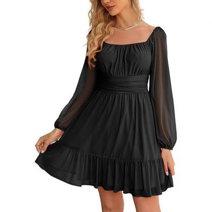 European And American Womens Mesh Long-Sleeve Square-Neck Dress