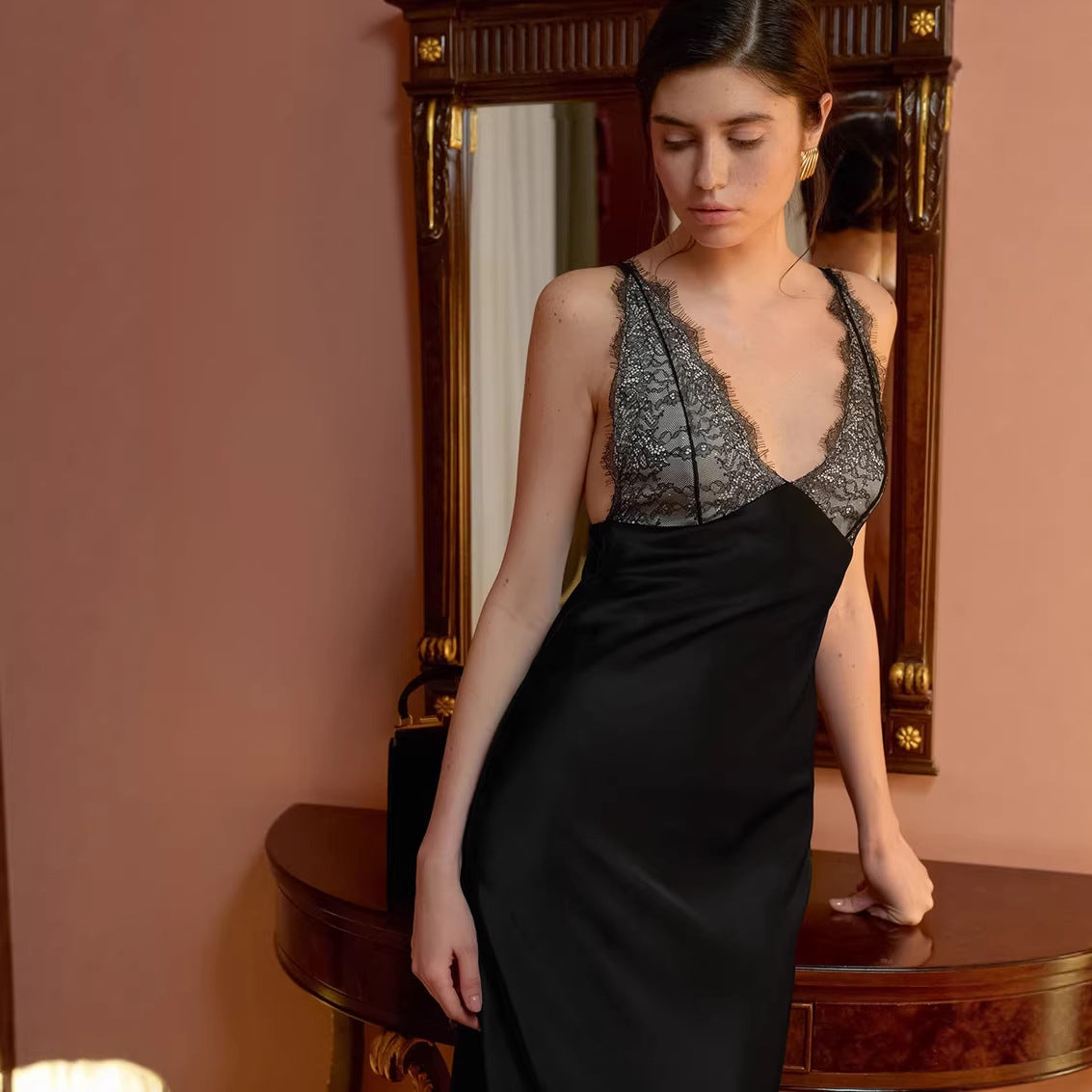 New French-style Lace-and-satin Patchwork Dress