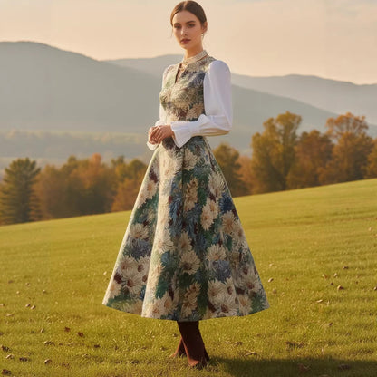 Retro Casual V-Neck Printed Long-Sleeve Womens Dress