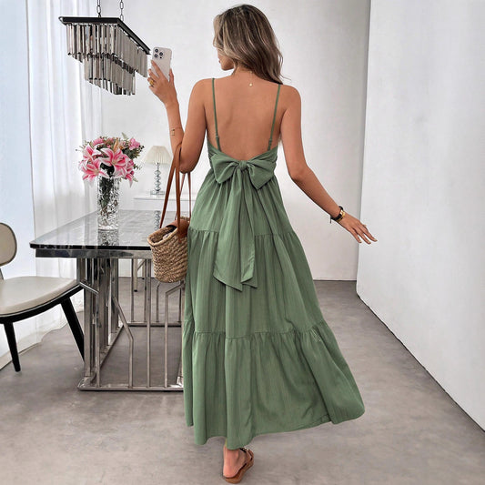 Backless Spaghetti-strap Tiered Maxi Dress With A Tie And A Large Bow At The Waist