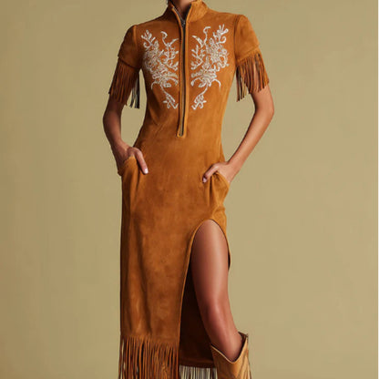Western Retro Embroidered Brown Fringe Maxi Dress