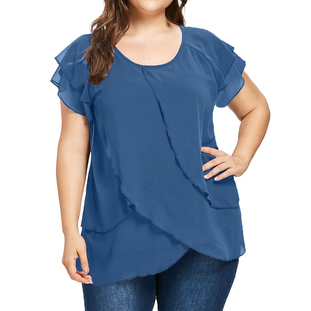 Women's Solid Color Chiffon Round Neck Multi-layer Stitching Short-sleeved Split Top