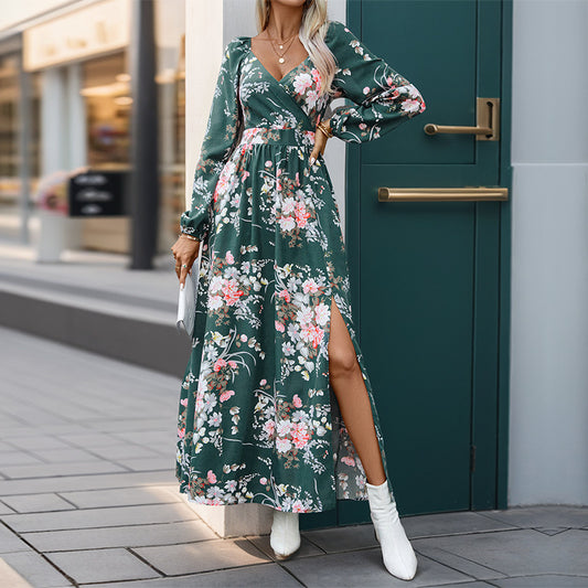 Elegant High-end Split-back Long-sleeve V-neck Printed Dress