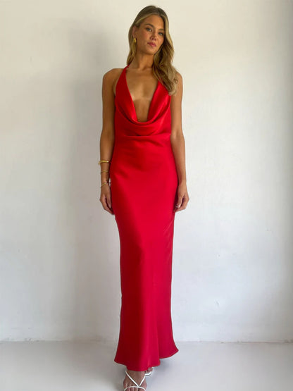 Hanging Neck Solid Color Slim Fit Dress Mid Length Dress
