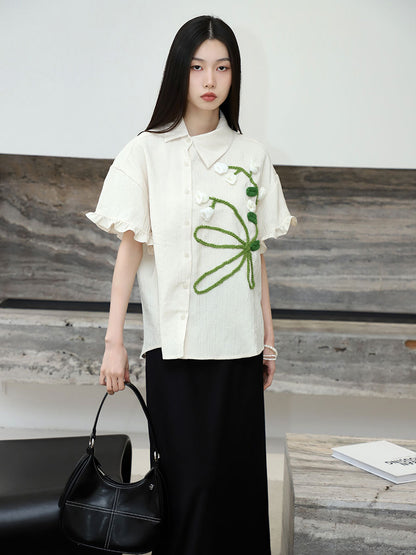 Women's Spring Hand-knitted Floral Decorations Short Sleeve Shirt Top