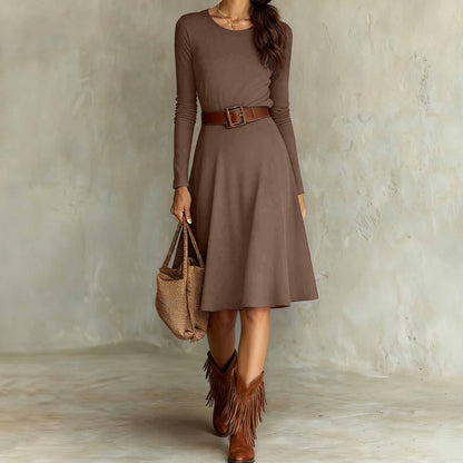 Elegant Western-style Crew-neck Long-sleeve Dress Springautumn
