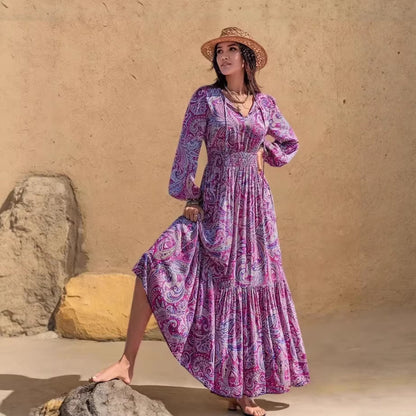 Womens Printed V Neck Drawstring Waist Dress