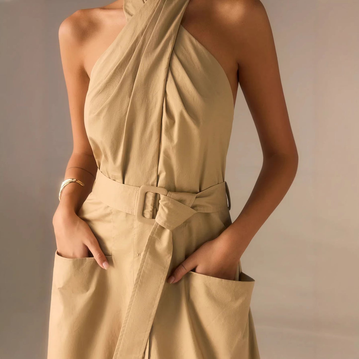 Elegant French-style Lace-up Dress With A Vacation Vibe