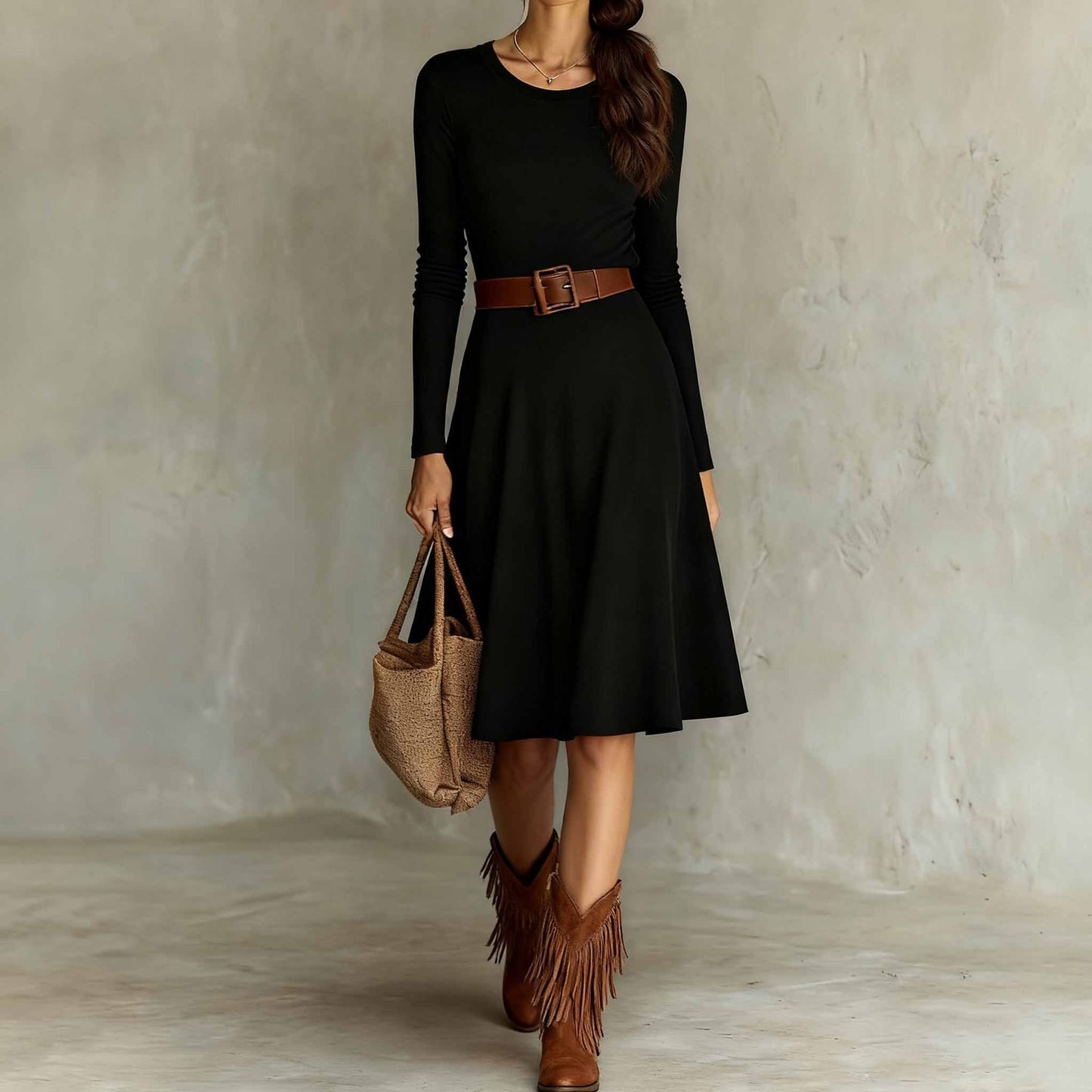 Elegant Western-style Crew-neck Long-sleeve Dress Springautumn