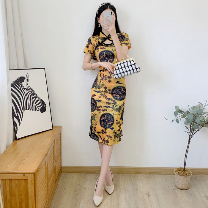 Vintage Cheongsam Mid-length Sexy Dress