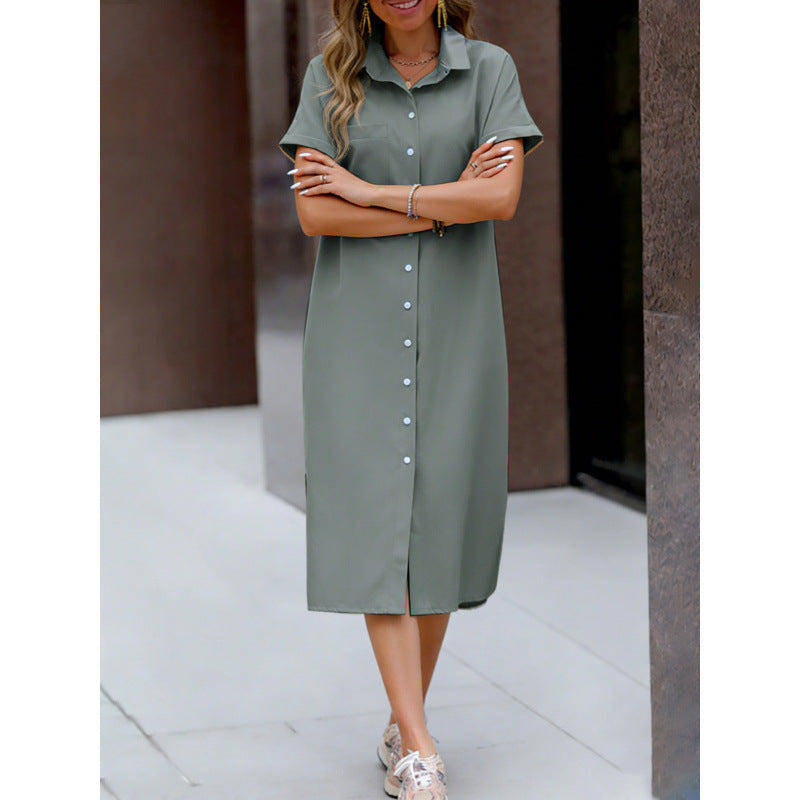 Mid-length Button-up Shirt Dress With A Lapel Collar