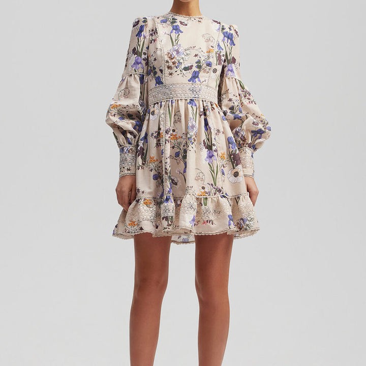 Flower And Plant Balloon Sleeve Mini Dress