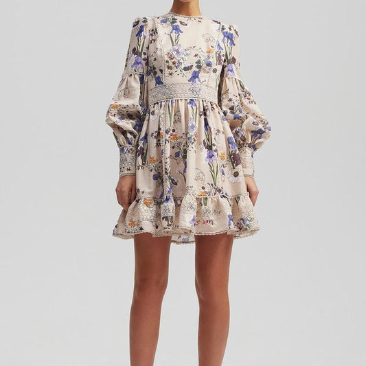 Flower And Plant Balloon Sleeve Mini Dress