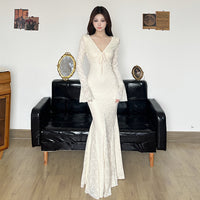 French-style Ethereal Jacquard Lace V-Neck Dress With Ties