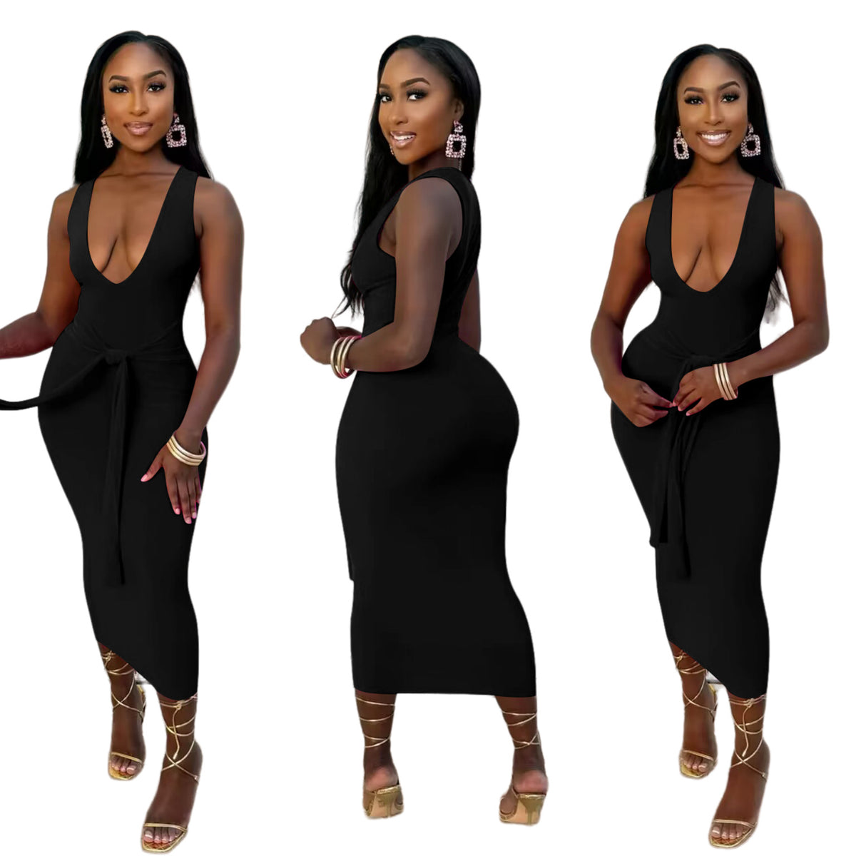 Fashionable V-neck Solid-color Long Dress
