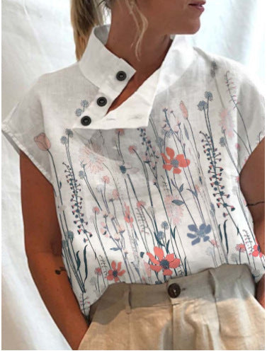 Women's Casual Stand Collar Short-sleeved Digital Printed Top T-shirt