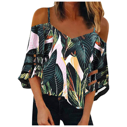 Flared Sleeve V-neck Printed Off Shoulder Sling Top