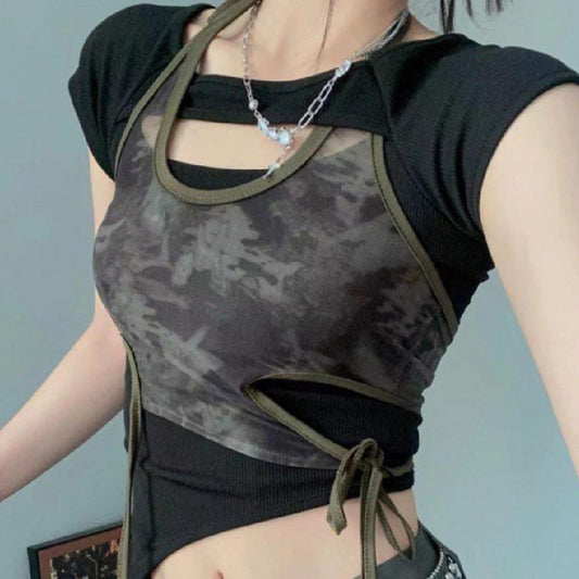 Retro Hot Girl Printed Top Summer Design Sense Niche Chic Short Sleeve Strappy