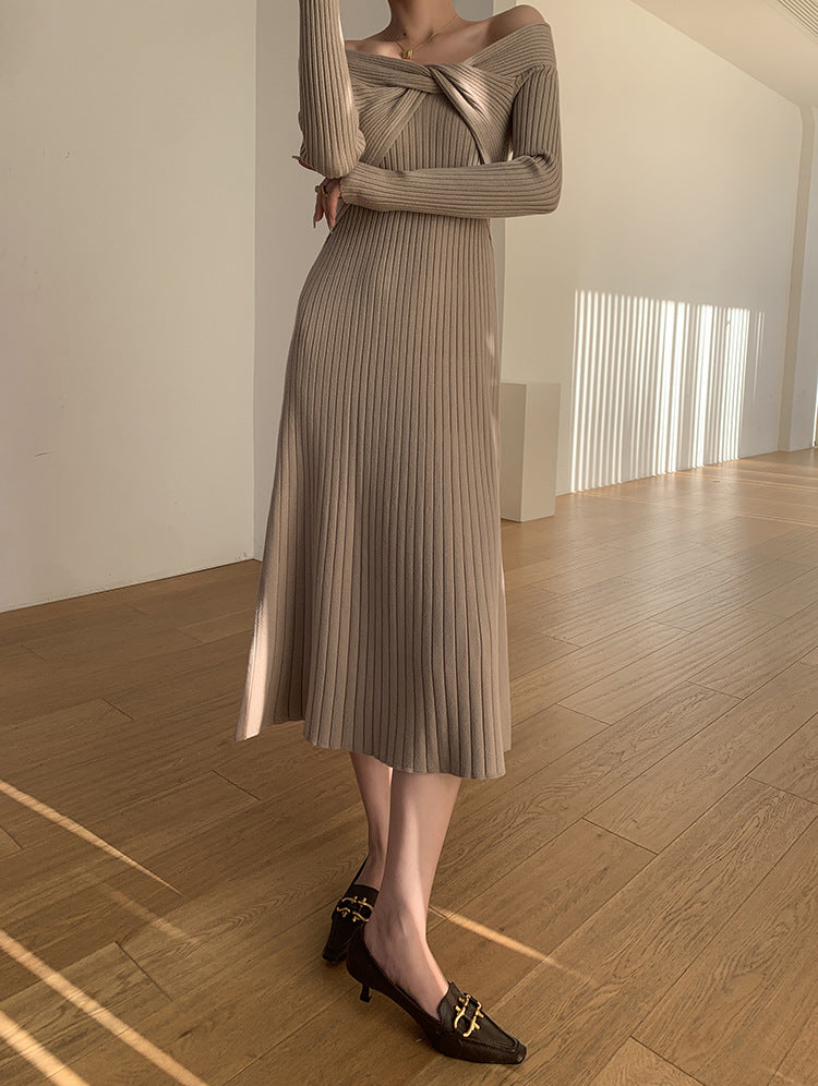 Word Cold-shoulder Elegant High-end Underwear Knitted Dress