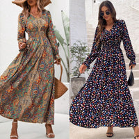 New Floral-print V-neck Long-sleeve Swing Maxi Dress