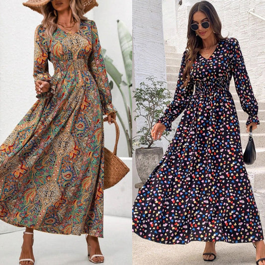 New Floral-print V-neck Long-sleeve Swing Maxi Dress