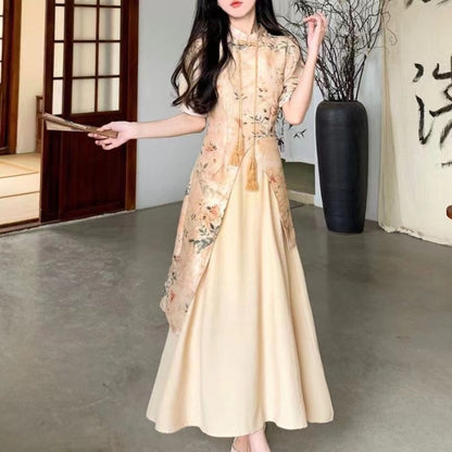 Cheongsam Floral-print Dress A Chic Autumnal Long Skirt That Cinches The Waist To Create A Slimming Silhouette