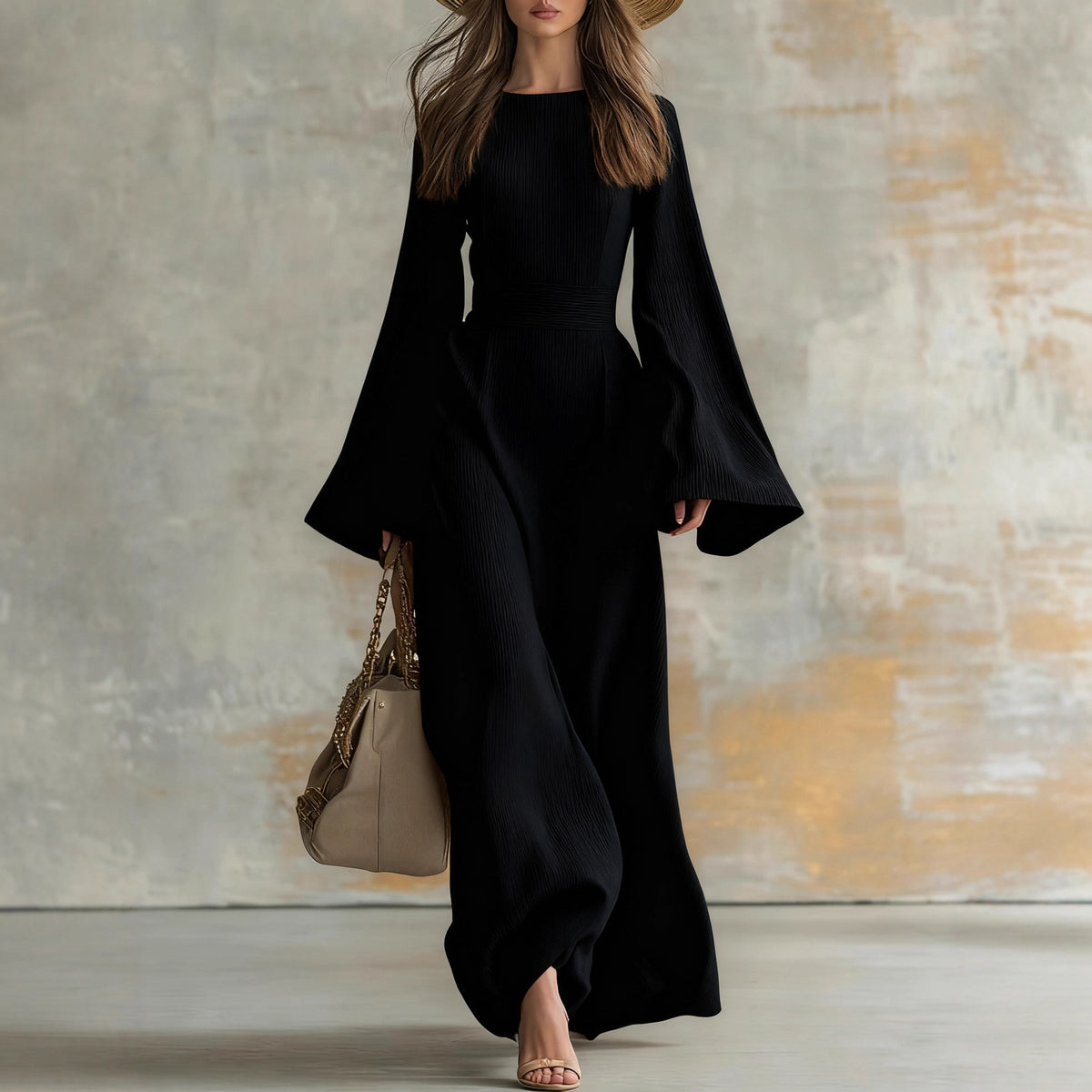 Womens Slim Fit Casual Dress With Flared Sleeves
