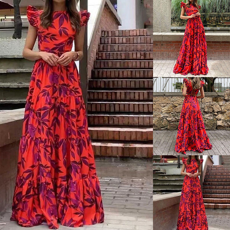 Womens Fashionable Printed Ruffled Flared Skirt