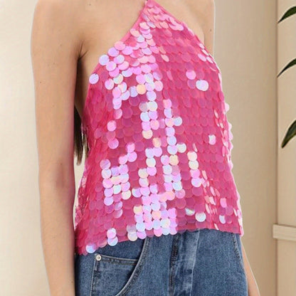 Women's Vibrant Yellow Sequin Halter Neck Camisole Top