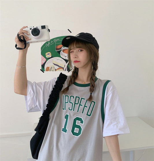 College Style Mid-sleeved T-shirt All-match Loose Student T-shirt Top