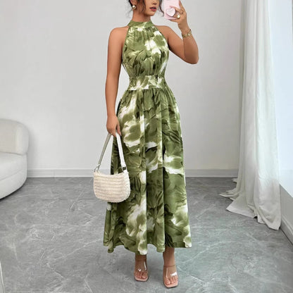 Neck Hanging Cinched Waist Sleeveless Dress With Ruffled Hem