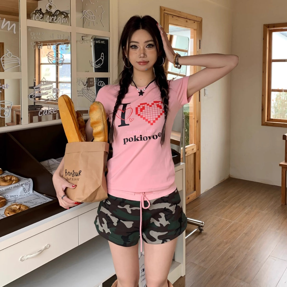 Shoulder T-shirt Female With Hearts Printed Short Sleeve Slim Top