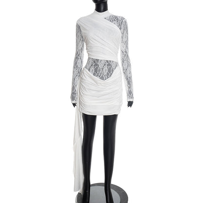 Womens Solid-Colored Patchwork Lace Dress