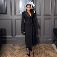 Sexy Elegant Long Blazer Dress With A Notched Collar And A Fitted Waist