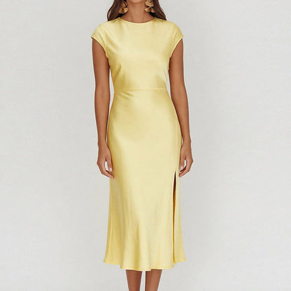 Womens Slim Elegant Split Formal Dress A Sophisticated Solid-color Workwear Dress