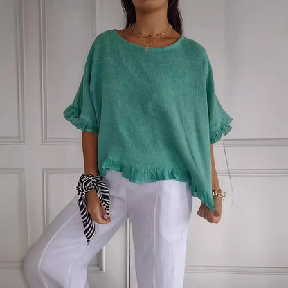 Pure Color Ruffles T-shirt Female Casual Short-sleeved Top