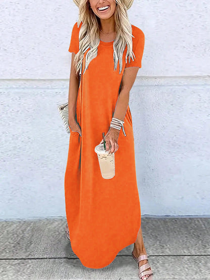 Solid-color Crew-neck Pocket Short-sleeve Dress