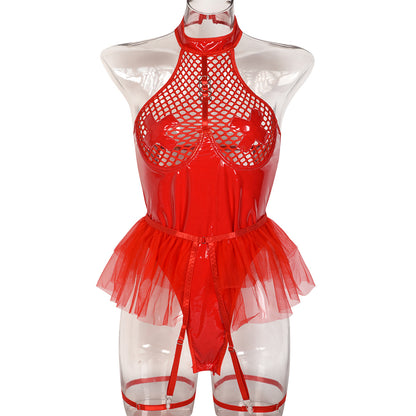 PU Patent Leather Large Grid Cross Pieced Hanging Neck Underwear