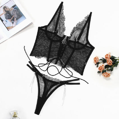 Flower Embroidery Tassel Chain Underwear Two-piece Set