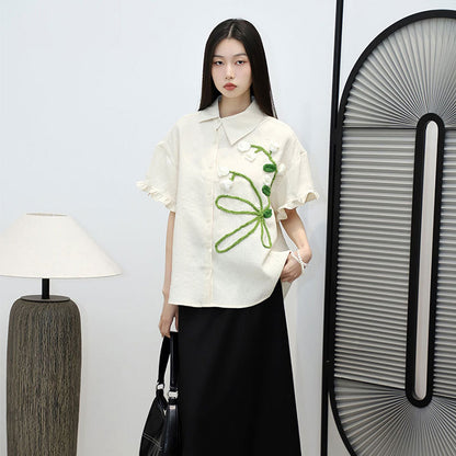 Women's Spring Hand-knitted Floral Decorations Short Sleeve Shirt Top
