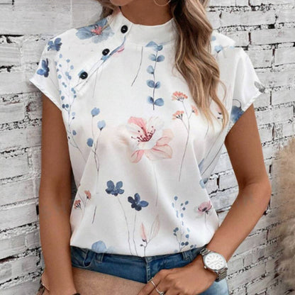 Women's Casual Stand Collar Short-sleeved Digital Printed Top T-shirt