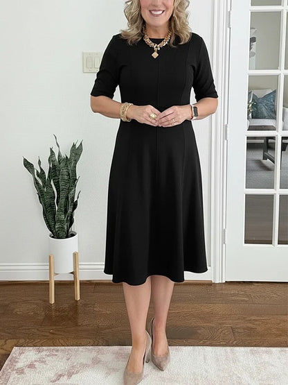 Womens Solid-Color Crew-Neck Short-Sleeve Dress