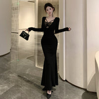 Womens Lace-Patchwork Mock Two-Piece Waist-Cinching Bodycon Dress