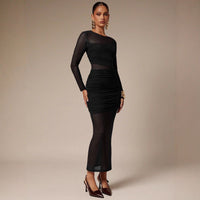 Womens Solid-Color Crew-Neck Mesh-Patchwork Bodycon Midi Skirt