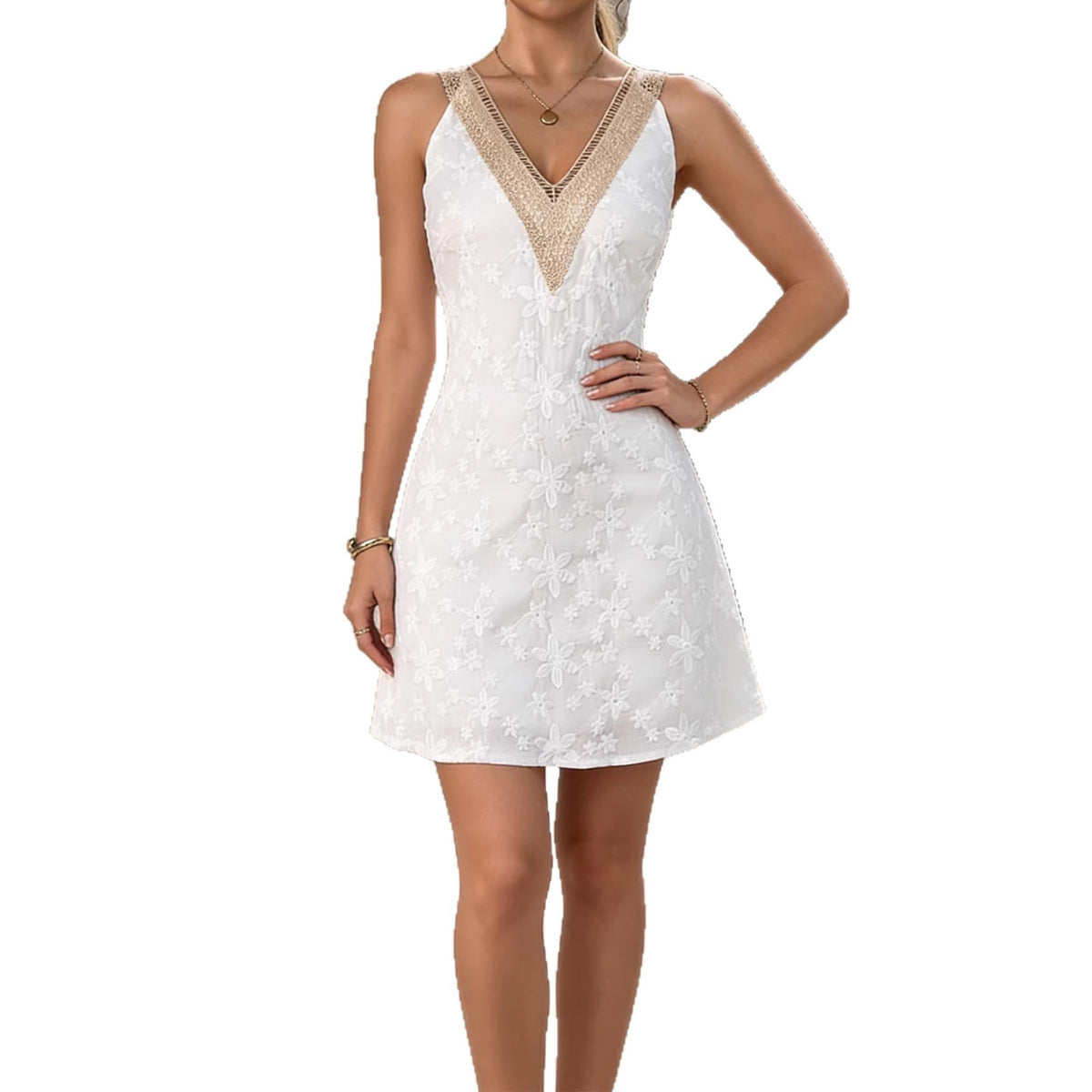 Womens Lace-Trimmed Patchwork Dress