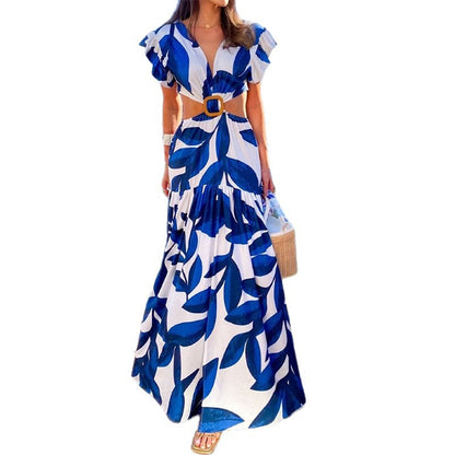 V-neck Ruffle Sleeve Waist Hollow Out Long Dress