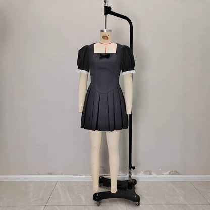 Womens Solid-Color French Square-Neck Slim-Fit Short-Sleeve Dress
