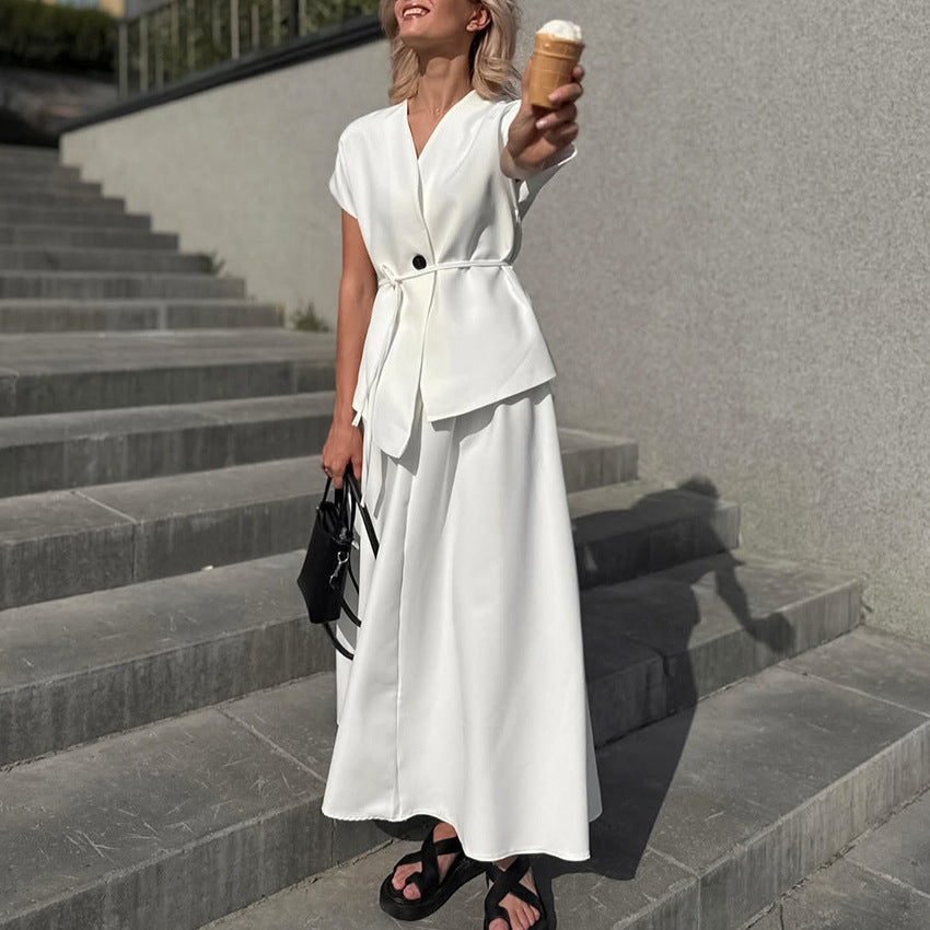 Womens Designer White Short-Sleeve Lace-Up Set